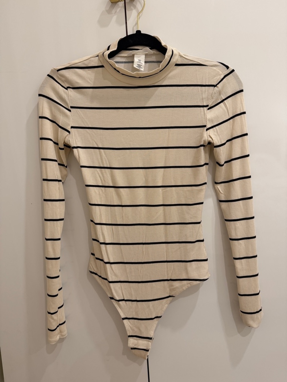 H&M Cream and Black Striped Long-Sleeve Ribbed Bodysuit
